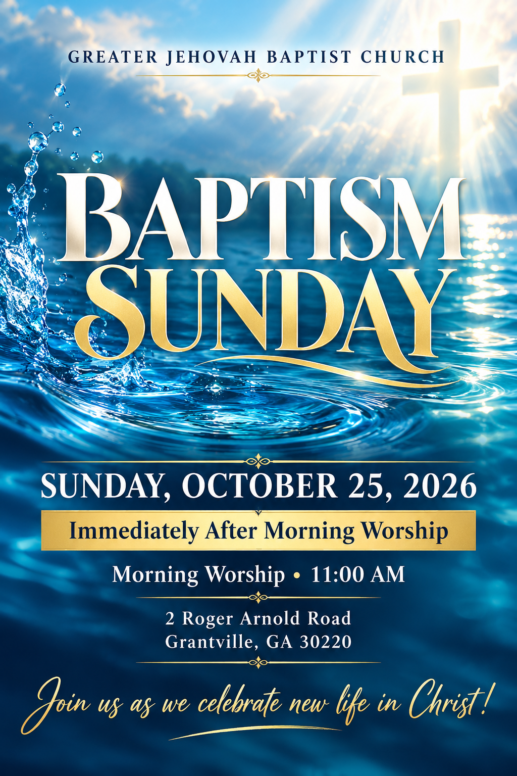 Baptism Sunday at Greater Jehovah Baptist Church, October 25, 2026, immediately after morning worship