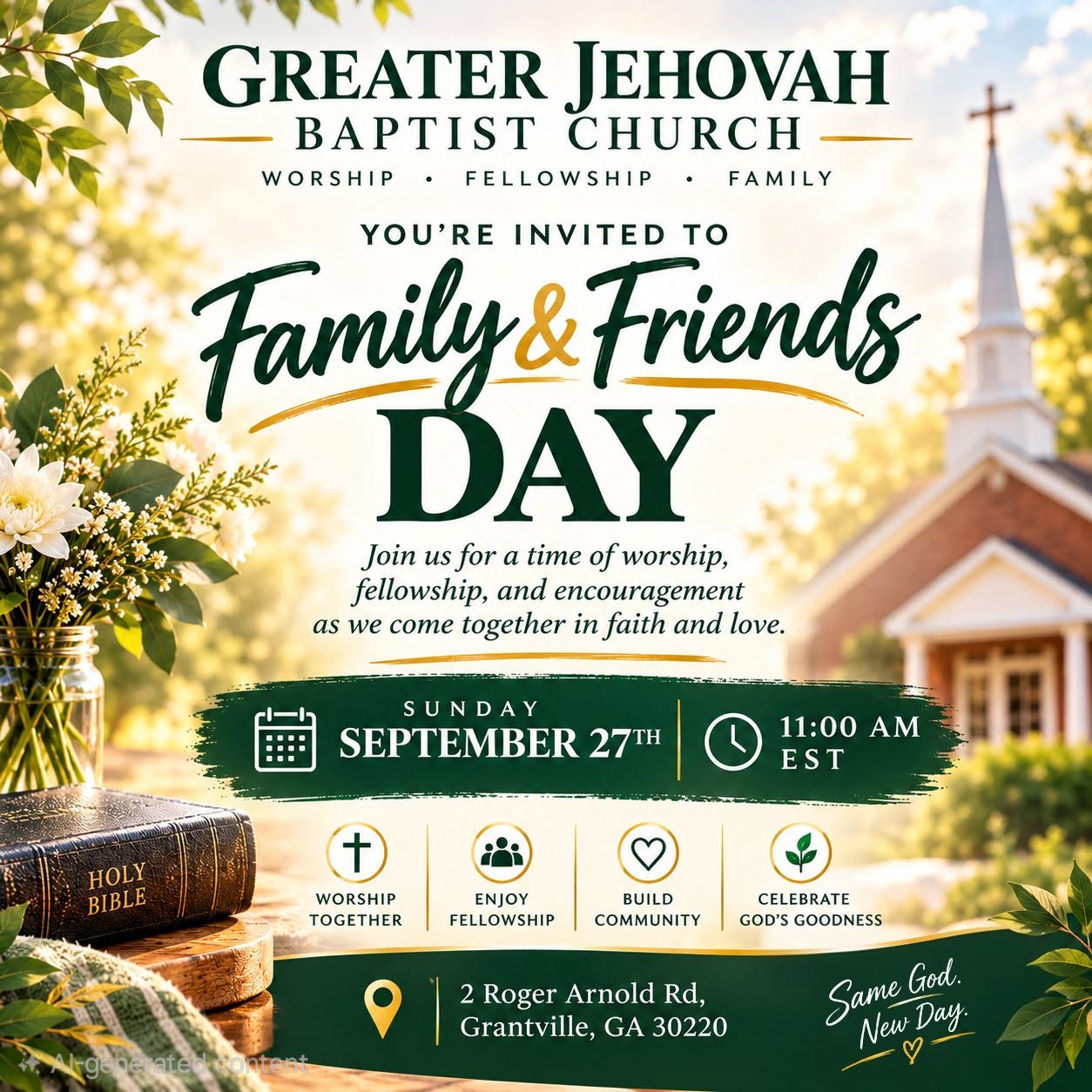 Family and Friends Day at Greater Jehovah Baptist Church, Sunday, September 27 at 11:00 AM